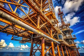 intricate close-up of oil rig's metal latticework with rusty bolts and pipes against deep blue sky with few puffy white clouds