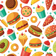 A cheerful arrangement showcasing a variety of delicious foods including burgers ice cream donuts and vibrant fruits creating a fun colorful pattern