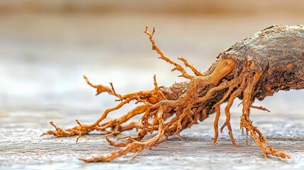 Detailed close-up of gnarled bonsai tree roots extending across a wooden surface, showcasing intricate textures and natural patterns.