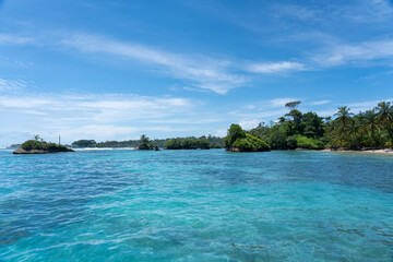 Obraz premium Clear Blue Water and Scenic Tropical Beach Surrounded by Palm Trees and Lush Nature - A Serene Island Paradise Offering Eco-Tourism and Adventure Travel in a Remote, Unspoiled Caribbean Destination