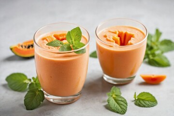 Papaya Smoothie: Overhead view of a tall glass of creamy papaya smoothie with a few mint leaves for garnish, placed on a plain white surface.