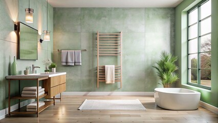 Fototapeta premium Sleek Linear Electric Towel Warmer Bathroom Oasis Spa Retreat Relaxation Soft Pastel Colors Minimalist Design Clean Lines Serenity