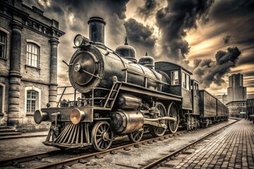Naklejka premium nostalgic blackandwhite locomotive worn urban landscapes