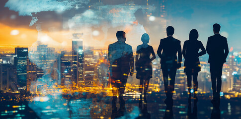 Fototapeta premium Composited visual of group of multinational people and global communication network concept. Wide angle visual for banners or advertisements.