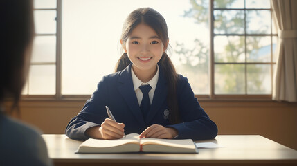 The girl is studying in the classroom