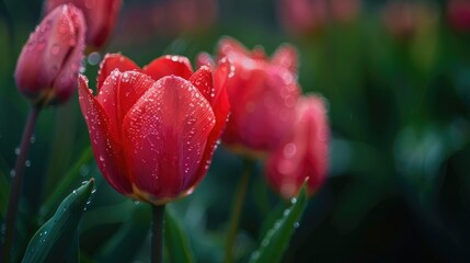 Vibrant tulips with dew drops and blurry foliage backdrop in spring.