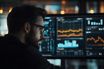 Man in Glasses Analyzing Financial Data on a Computer Screen