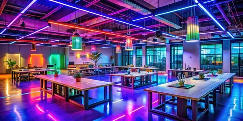 Fototapeta premium futuristic makerspace cutting-edge technology innovative design vibrant colors energetic atmosphere creative minds collaborative projects bright bold lighting limitless possibilities