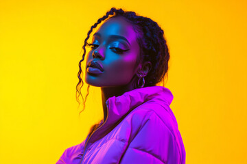 Modern Woman in Neon Purple Jacket with Solid Neon Yellow Background Fashion Portrait