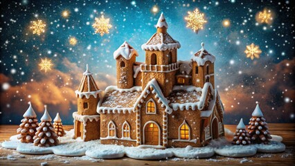 romantic fairy tale gingerbread castle sparkling snowflakes