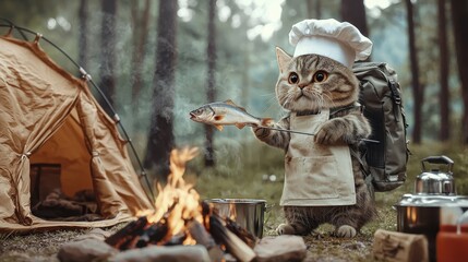 Cat Chef Camping Cooking Fish Over Bonfire in Forest