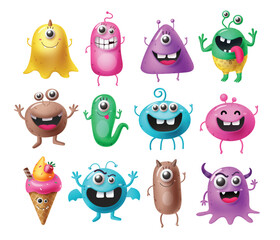Halloween monsters characters vector set design. Halloween cute colorful monster character in happy, joyful, fun, cheerful facial expressions and horror emoticon in white isolated background. Vector  © Zeinous