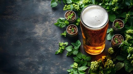 A top-down view of a chilled, frothy glass of amber beer, surrounded by vibrant green hops and lush foliage, evoking a natural brewery vibe
