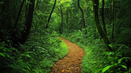 Fototapeta premium path through a dense, green forest, where the abundance of foliage creates a calming, immersive natural environment