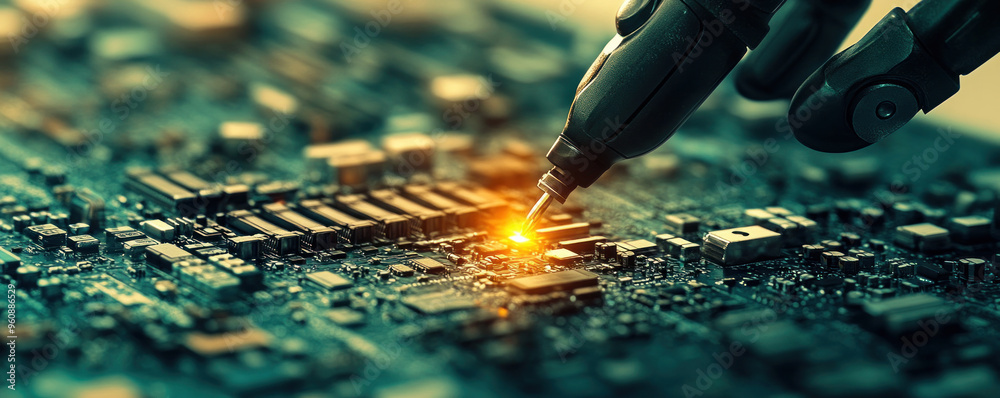 Poster a robot is poking a circuit board with a pen. concept of technology and innovation, as well as the i