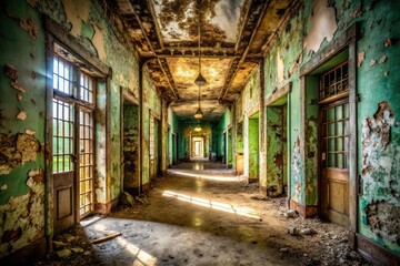 Fototapeta premium frozen time forgotten soul abandoned asylum distressed walls peeling paint crumbling doorframes flickering fluorescent dimness desperation