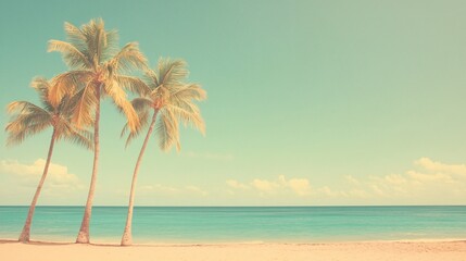 Naklejka premium Tranquil beach scene with tall palm trees swaying against a serene turquoise ocean.