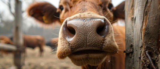 Naklejka premium Closeup Nose Of Brown Cow In Corral Or Stable