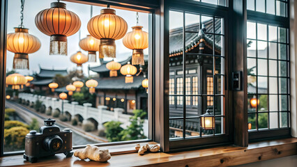 Flat Glossy Window View of Mid Autumn Festival Celebration with Lanterns and Decorations - Business Tone Vector Illustration Capturing Indoor Perspective Looking Out at Festive Scene