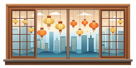 Mid Autumn Festival Celebration: Flat Vector Illustration of Glossy Window View with Lanterns and Decorations, Smart Business Tone, Side Shot Perspective