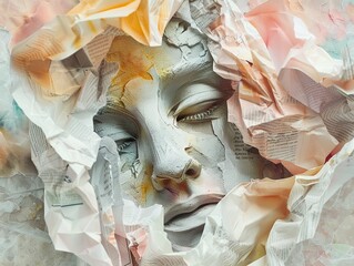 A plaster face with closed eyes peeking out from a mass of crumpled paper.