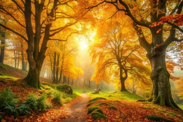 mystical autumn landscapes golden leaves misty forests warm soft light cozy nostalgic atmosphere vibrant olive tones