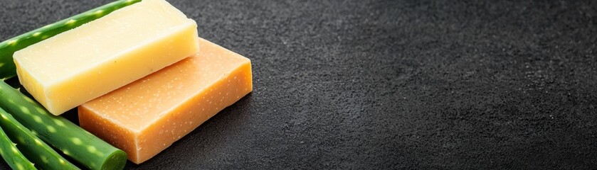 Delicious cheese blocks beside fresh asparagus on a dark surface, perfect for gourmet dishes and culinary presentations.