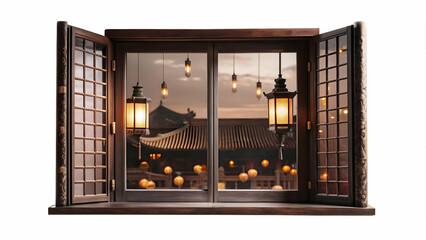 Mid Autumn Festival Celebration Through Glossy Window - Lanterns & Decorations in Business Tone - Side Shot Vector Illustration