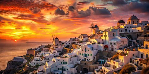 dreamy watercolor silhouette of santorini village against a fiery orange pink sunset with subtle textures and delicate brushstrokes in soft peach tones