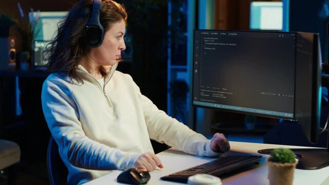 Woman listening music while doing software quality assurance, reading source code on computer screen. Developer wearing headphones enjoying podcasts and inspecting coding on desktop PC, camera A