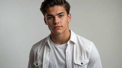 Fototapeta premium teen stunning brunette american man with white shirt model portrait standing straight on a plain white background for ad concept space for text