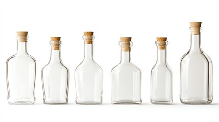 A collection of six clear glass bottles with cork stoppers, ideal for various decorative or storage purposes.