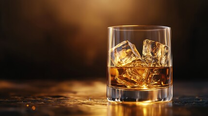 A glass of whiskey with ice cubes on a dark background, capturing the essence of relaxation and sophistication.