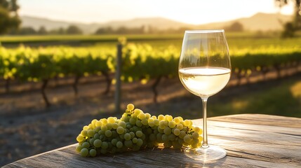 Fototapeta premium A glass of white wine and a bunch of grapes on a rustic table overlooking a vineyard at sunset, perfect for summer relaxation.
