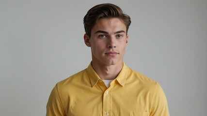 Obraz premium teen stunning brunette caucasian man with yellow shirt model portrait standing straight on a plain white background for ad concept space for text