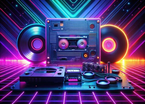 Retrowave motherboard neon lights icons of cassette tapes and vinyl records melted into a nostalgic futuristic electronic landscape