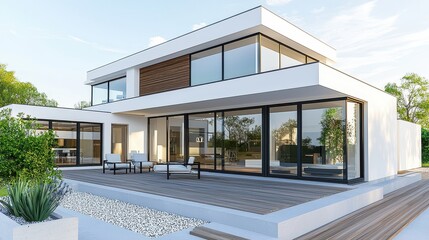Fototapeta premium Modern Home Exterior with Patio White Walls Glass Windows and Wooden Deck