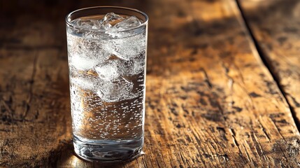 Close-up of a refreshing glass of sparkling water with ice cubes on a rustic wooden table, capturing natural light and texture.