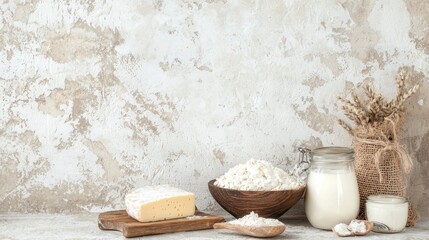 Rustic Kitchen Still Life with Flour  Cheese  Milk  and Wheat