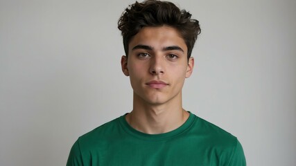 Obraz premium teen stunning brunette european man with green shirt model portrait standing straight on a plain white background for ad concept space for text