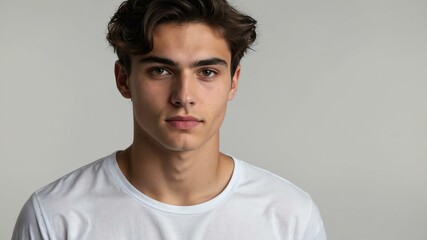 Obraz premium teen stunning brunette european man with white shirt model portrait standing straight on a plain white background for ad concept space for text
