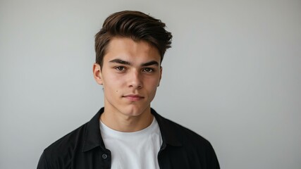 Fototapeta premium teen stunning brunette finnougric man with black shirt model portrait standing straight on a plain white background for ad concept space for text