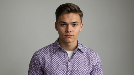 Obraz premium teen stunning brunette finnougric man with purple shirt model portrait standing straight on a plain white background for ad concept space for text