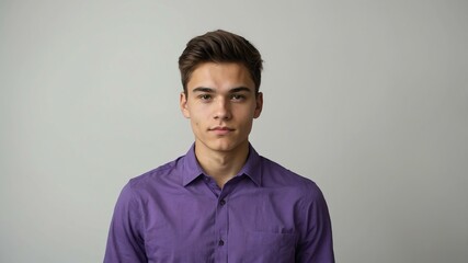 Obraz premium teen stunning brunette finnougric man with purple shirt model portrait standing straight on a plain white background for ad concept space for text
