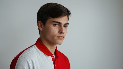 Obraz premium teen stunning brunette finnougric man with red shirt model portrait standing straight on a plain white background for ad concept space for text