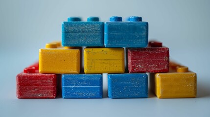 Stack of Colorful Plastic Building Blocks with Visible Wear