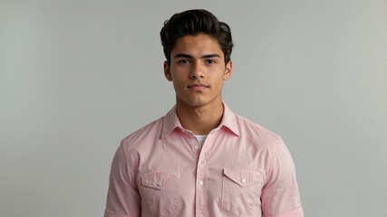 Obraz premium teen stunning brunette hispanic man with pink shirt model portrait standing straight on a plain white background for ad concept space for text