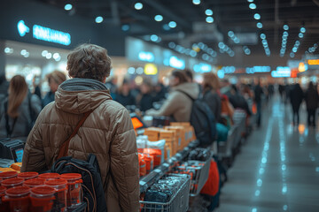 Obraz premium A line of customers waiting to check out, each with multiple items in their carts. Concept of long queues and busy shopping days.