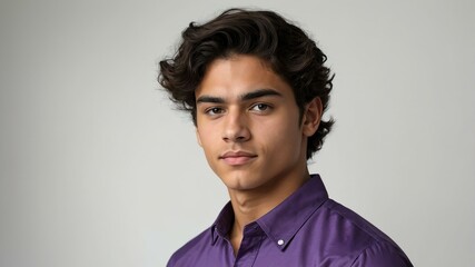Obraz premium teen stunning brunette hispanic man with purple shirt model portrait standing straight on a plain white background for ad concept space for text