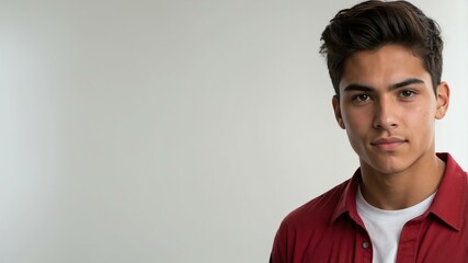 Obraz premium teen stunning brunette hispanic man with red shirt model portrait standing straight on a plain white background for ad concept space for text